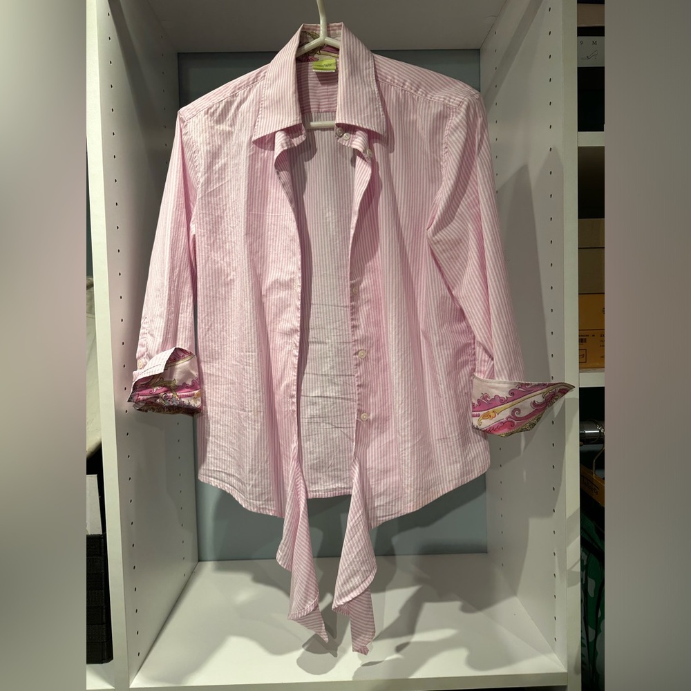 Pretty pink and white striped front tie blouse